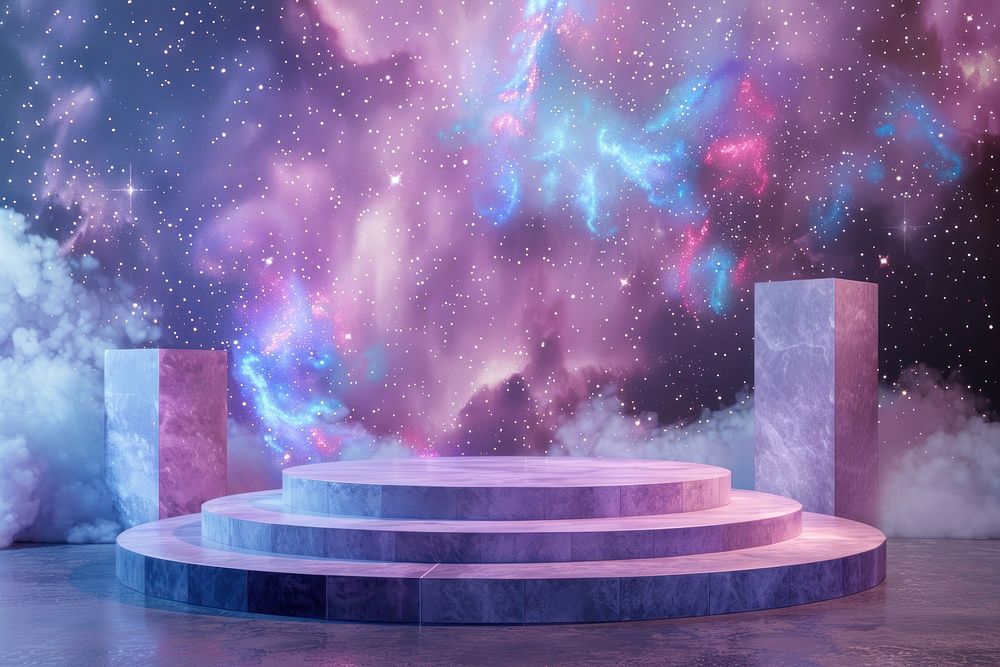 Product podium with dreamy galaxy nature purple space.