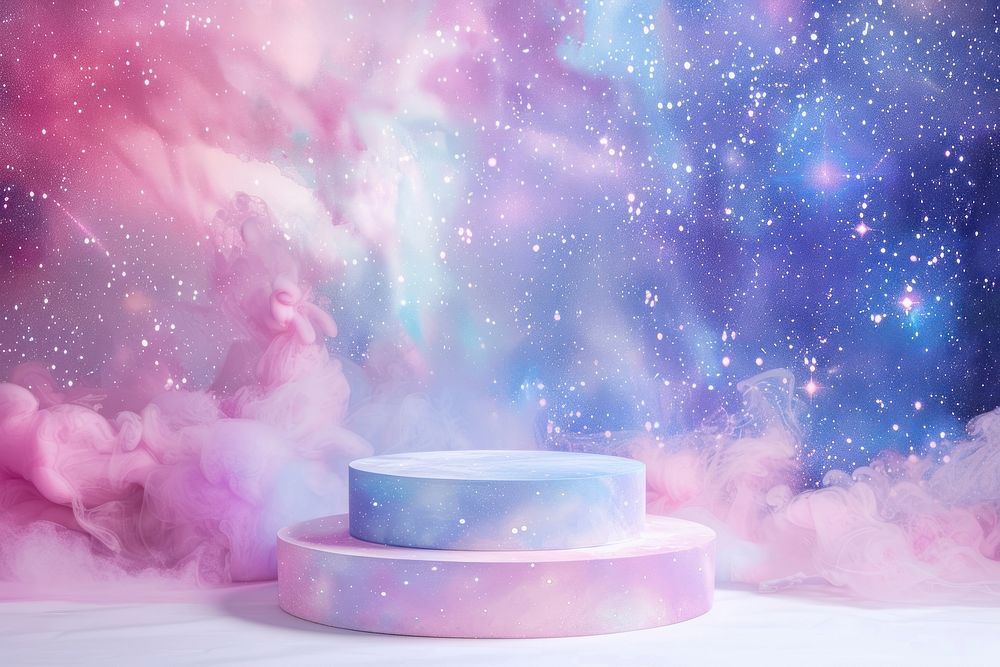 Product podium with dreamy galaxy purple space star.