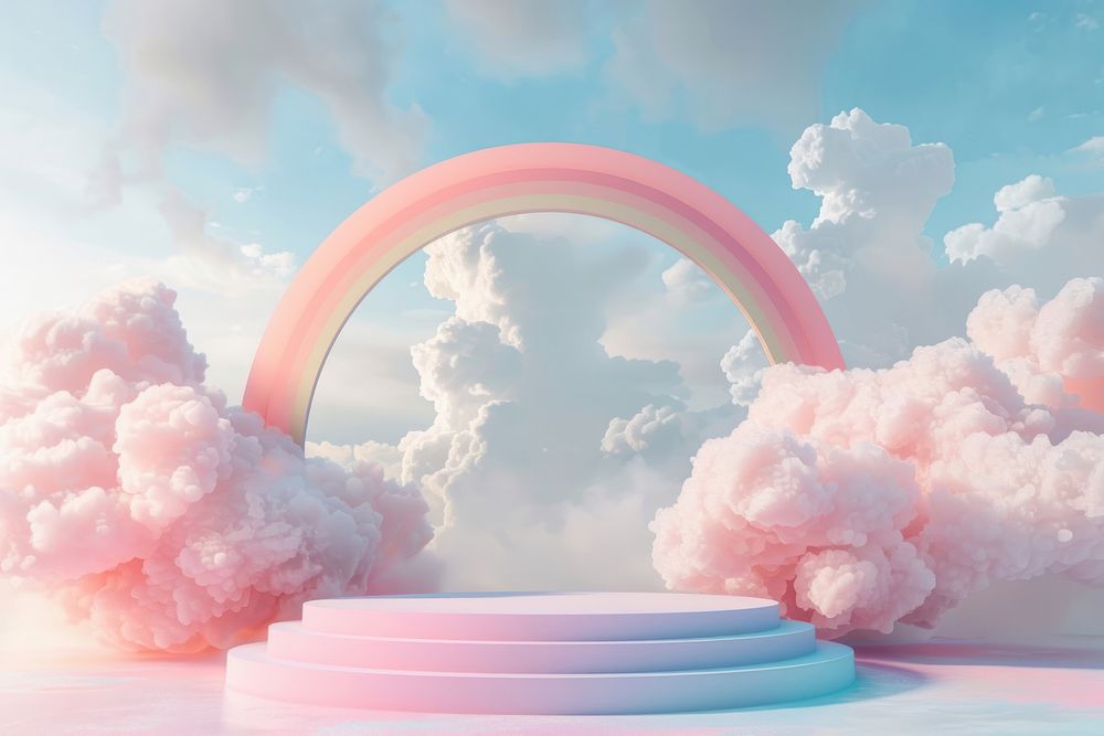 Product podium with dreamy sky outdoors rainbow.