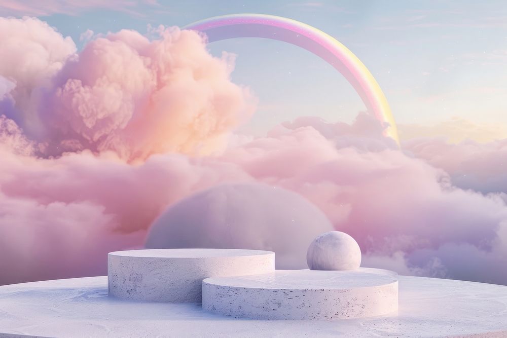 Product podium with dreamy rainbow sky outdoors.