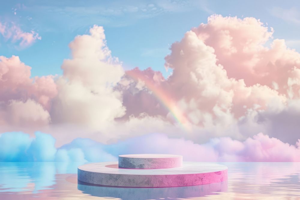 Product podium with dreamy sky outdoors rainbow.