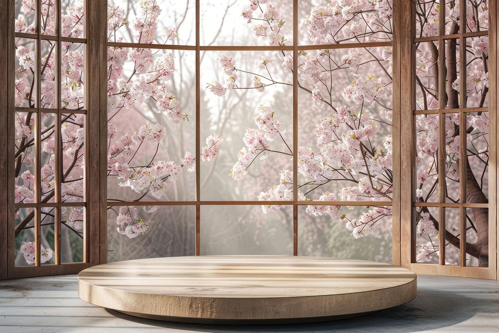 Product podium with japanese window blossom flower cherry.