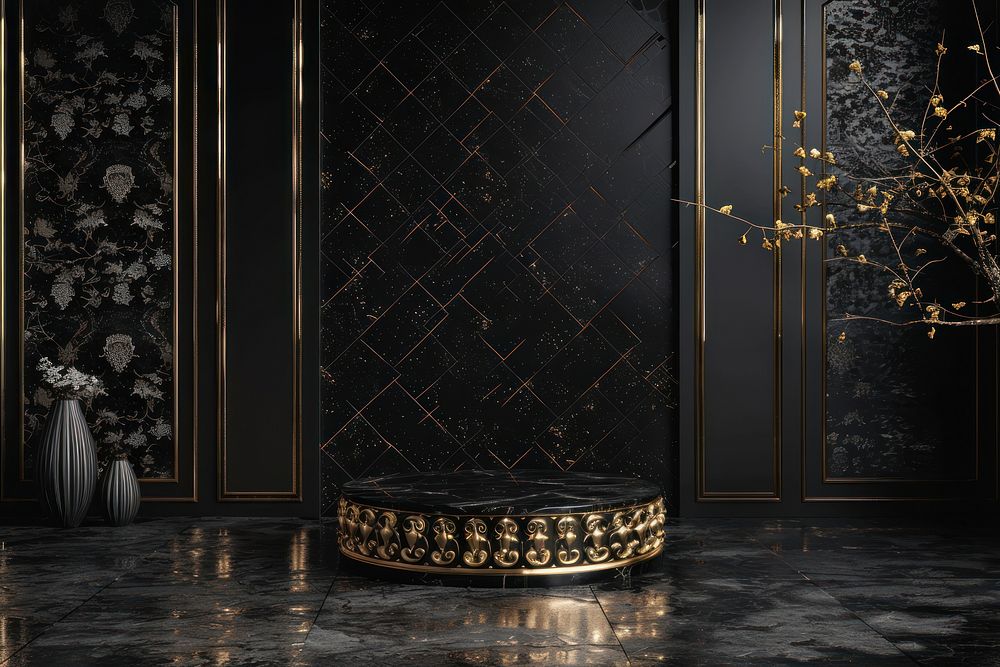 Product podium with luxury black gold architecture.