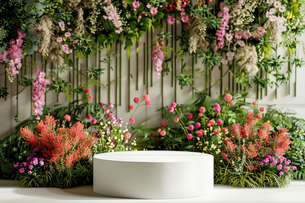 Product podium with spring flower garden nature plant.