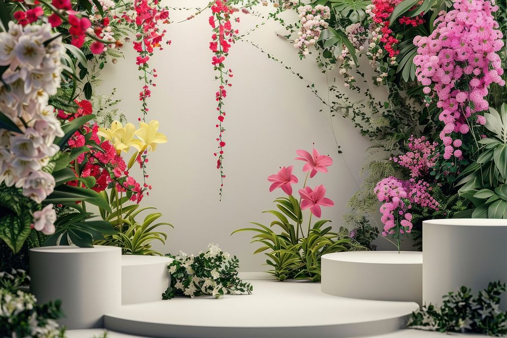 Product podium with spring flower outdoors nature garden.