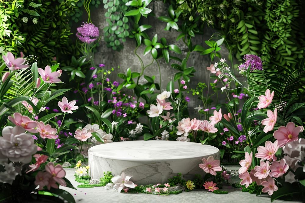 Product podium with spring flower garden outdoors nature.