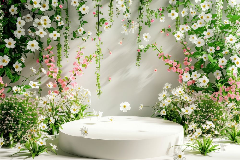 Product podium with spring flower bathtub nature garden.
