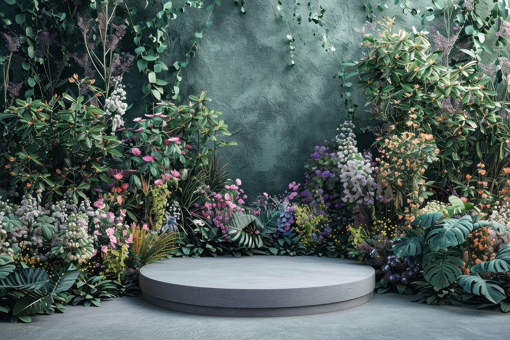 Product podium with spring flower garden outdoors backyard.