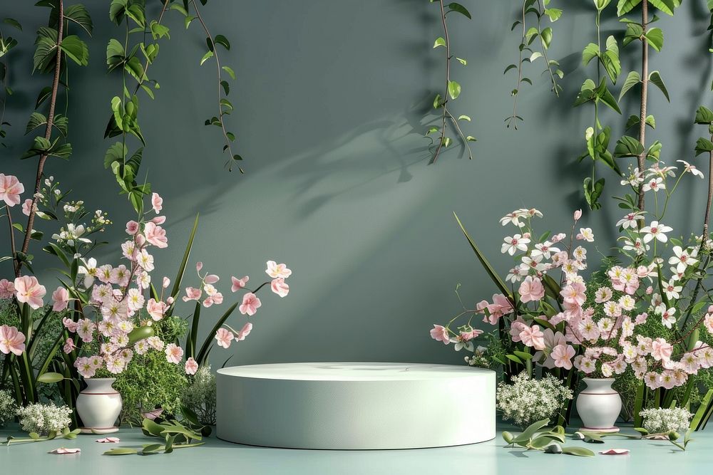 Product podium with spring flower plant vase rose.