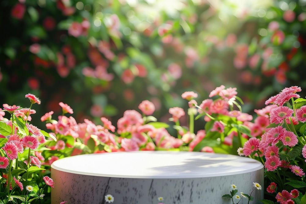 Product podium with spring flower outdoors blossom nature.