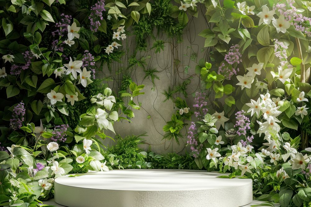 Product podium with spring flower garden outdoors nature.