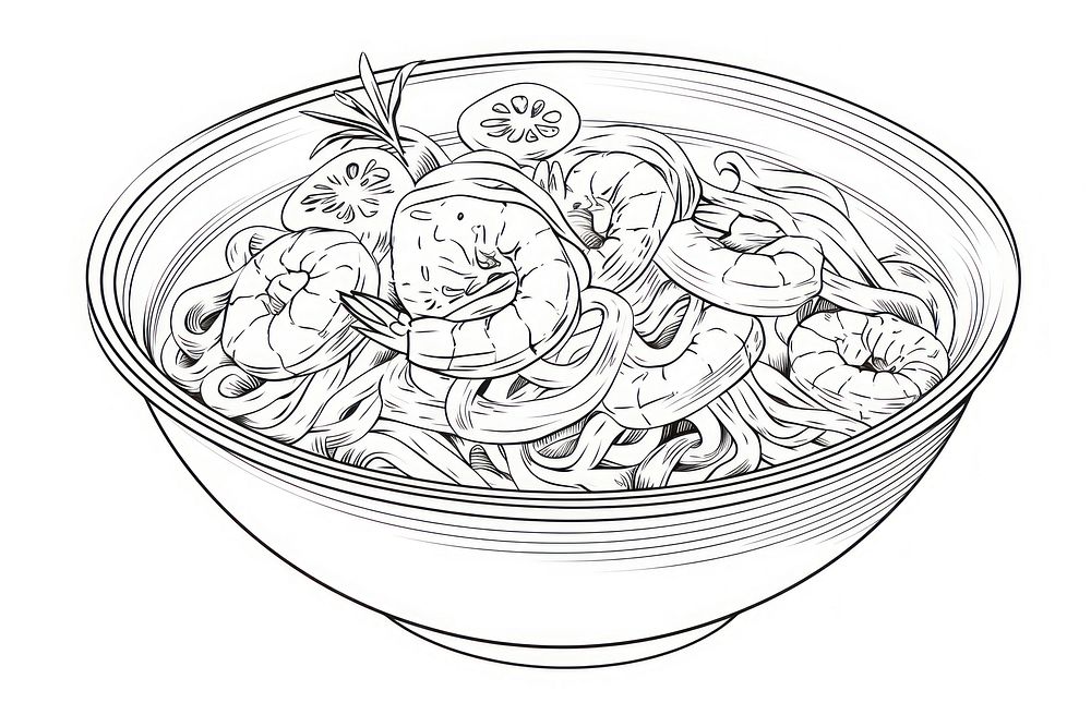 Seafood noodle sketch drawing doodle.