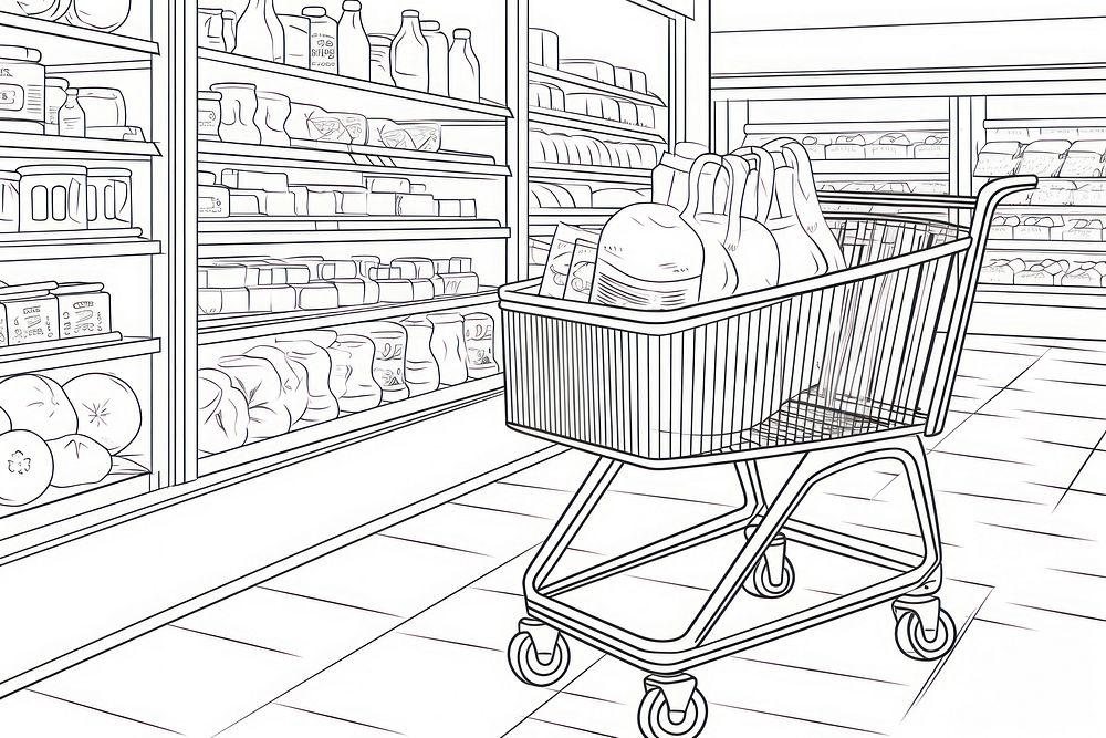 Shopping cart in the supermarket background sketch line architecture.