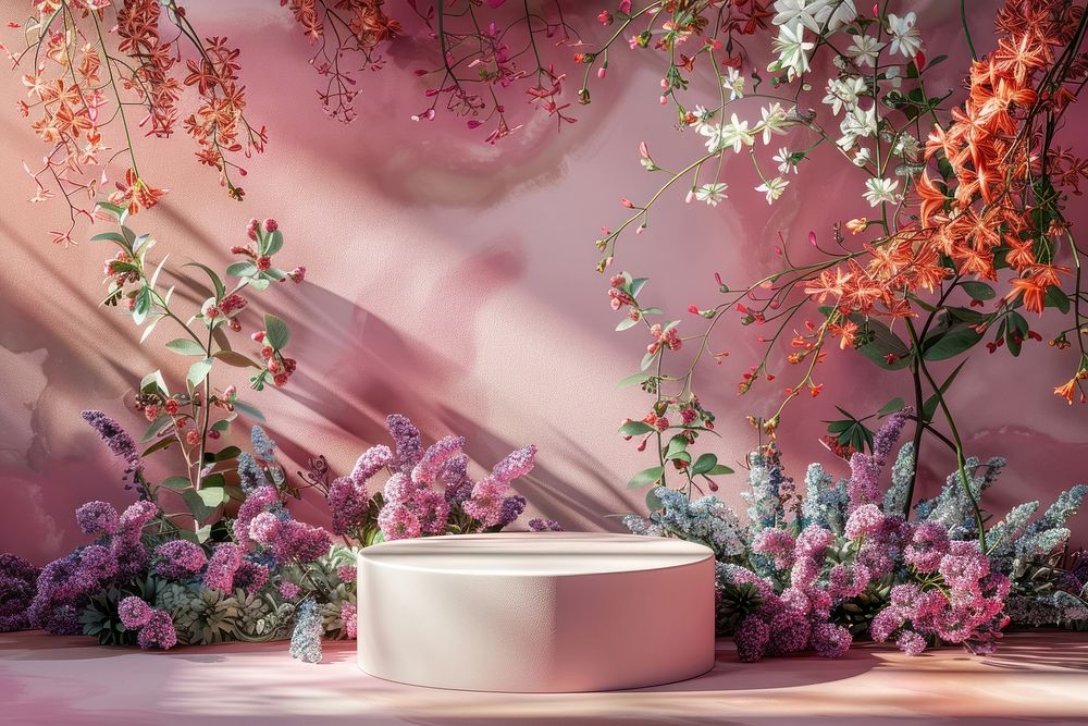 Product podium with a botanical bathtub flower plant.