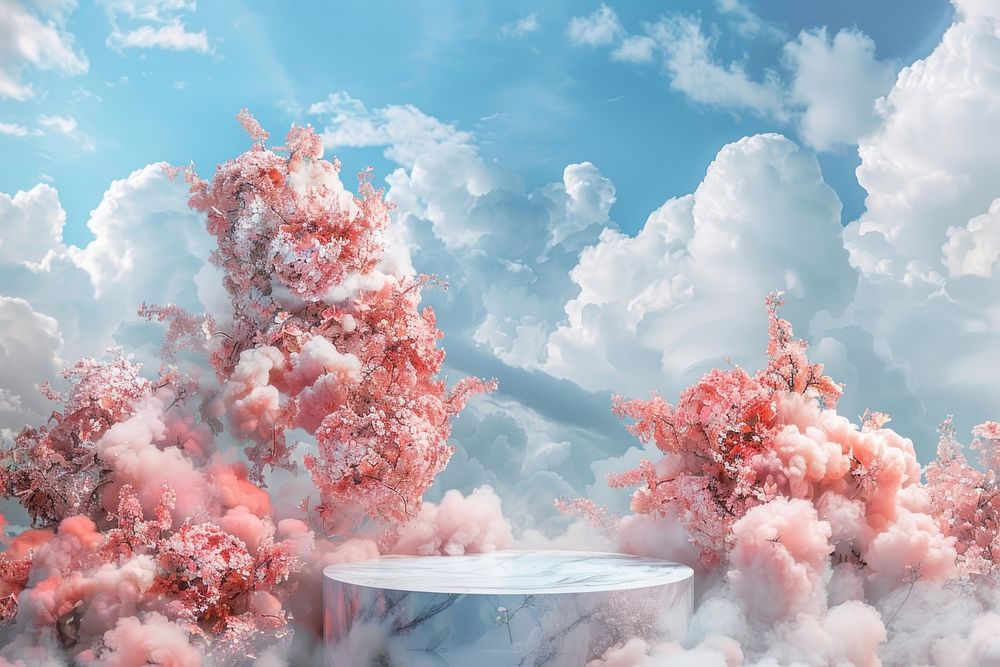Product podium with a botanical cloud sky outdoors.