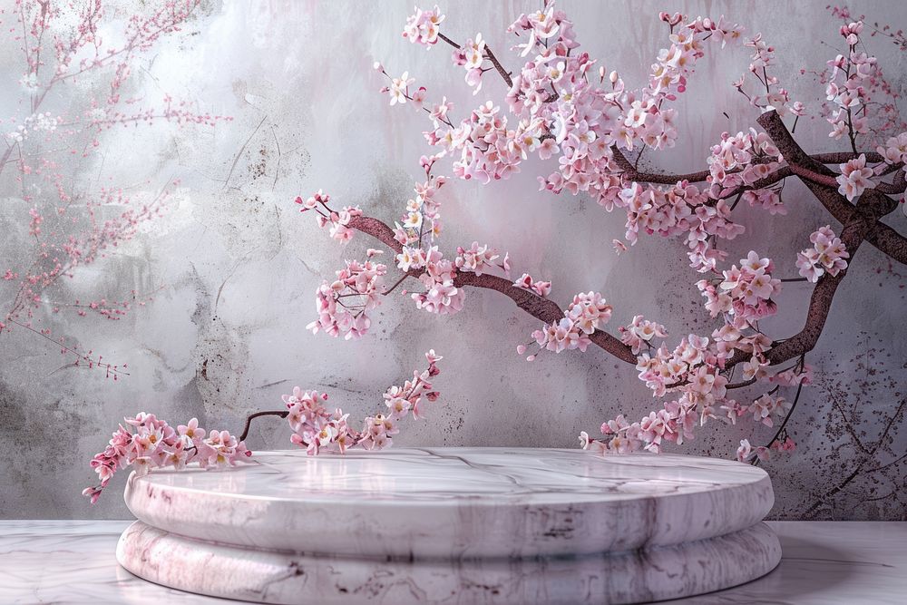 Product podium with a cherry blossom flower plant architecture.