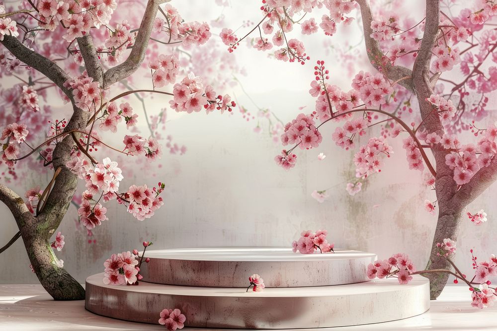 Product podium with a cherry blossom flower nature plant.