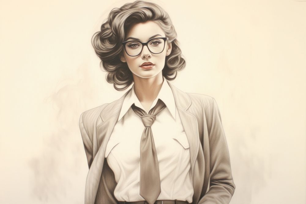 Painting of business woman drawing portrait glasses.