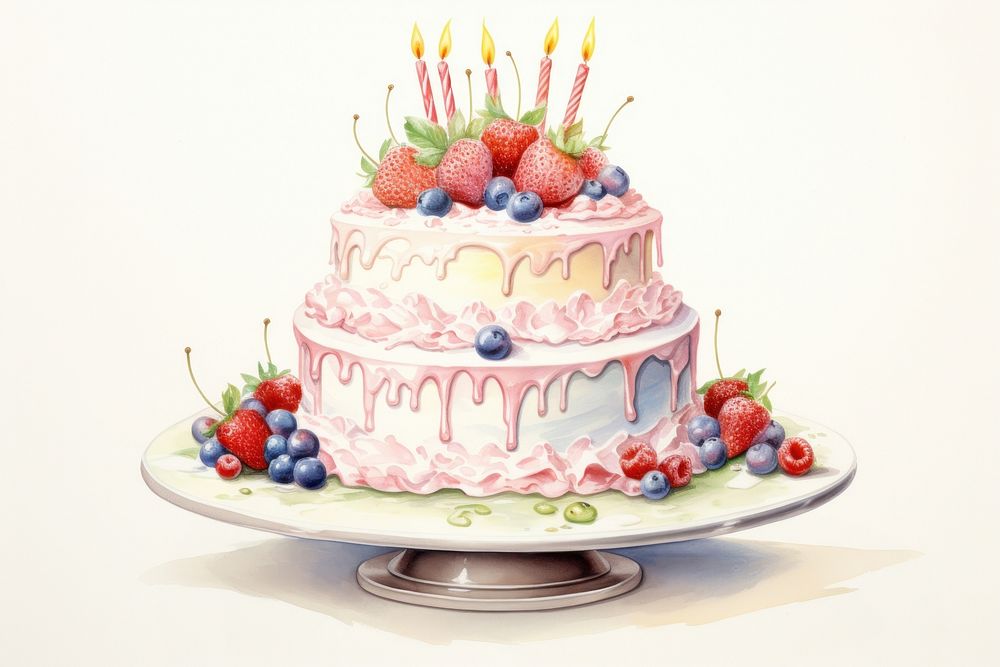 Painting of cake birthday dessert berry cream.
