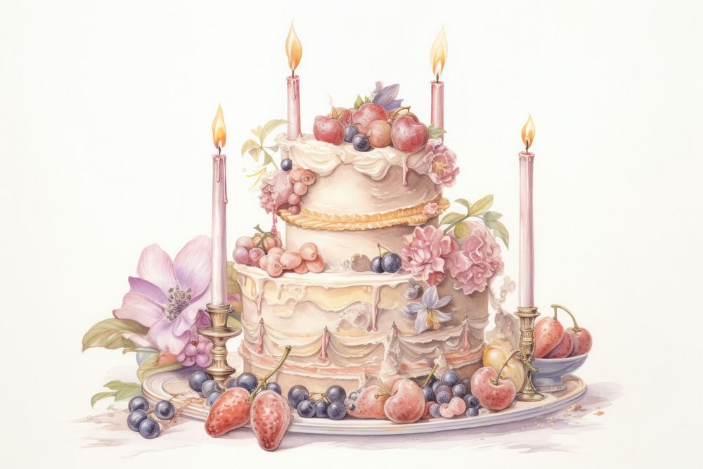 Painting of cake birthday dessert candle food.