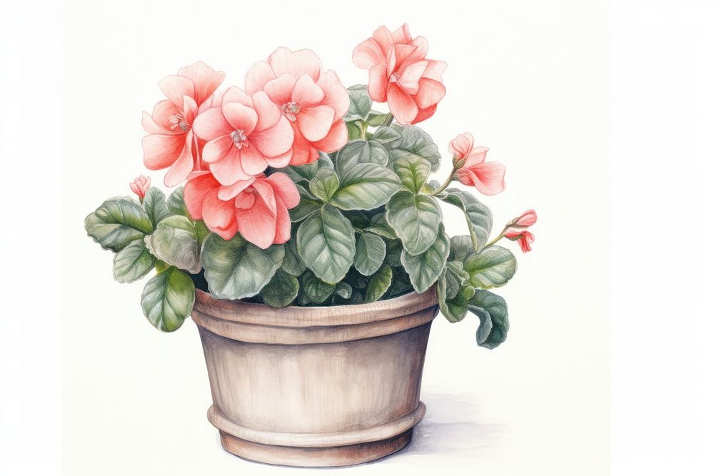 Painting of flower pot drawing plant inflorescence.