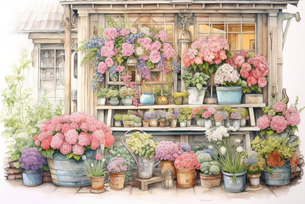 Painting of flower shop outdoors nature plant.
