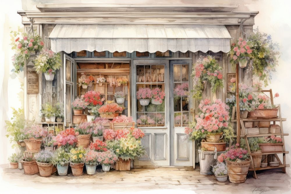 Painting of flower shop plant architecture arrangement.
