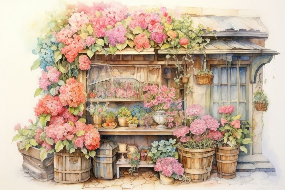 Painting of flower shop outdoors drawing plant.