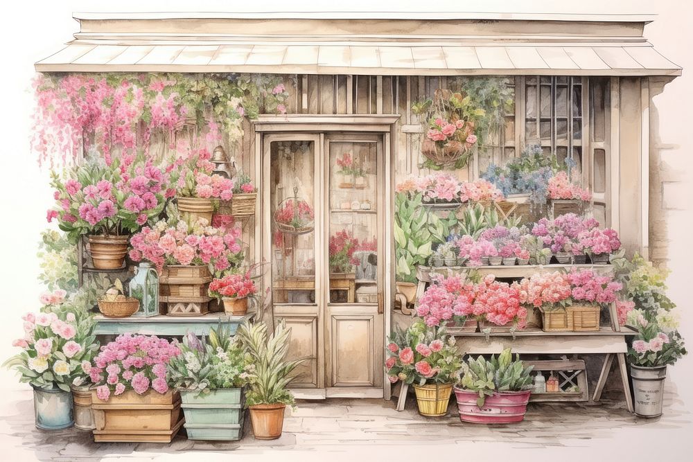 Painting of flower shop outdoors nature window.
