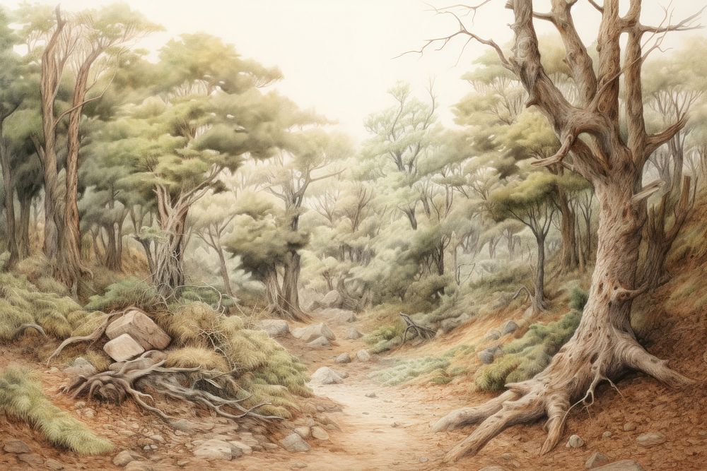 Painting of forest wilderness landscape outdoors.