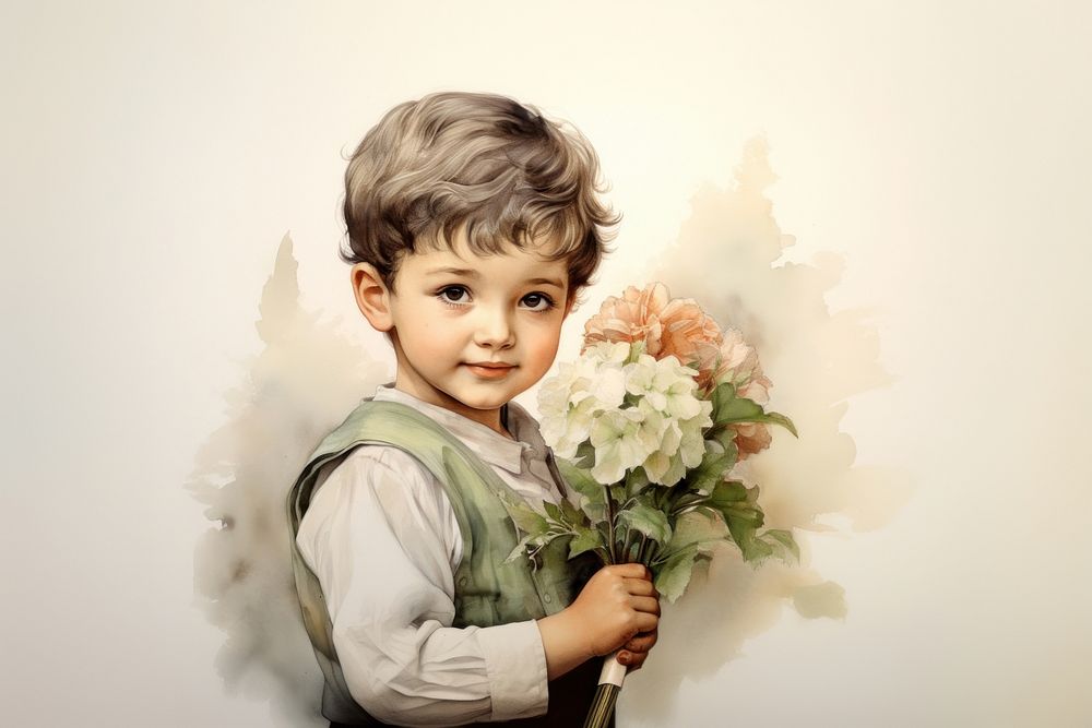 Painting of little boy holding flower portrait child plant.