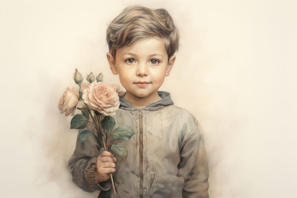 Painting of little boy holding flower drawing portrait sketch.