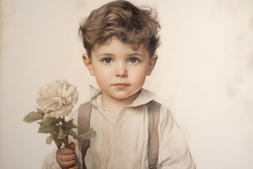 Painting of little boy holding flower portrait drawing plant.