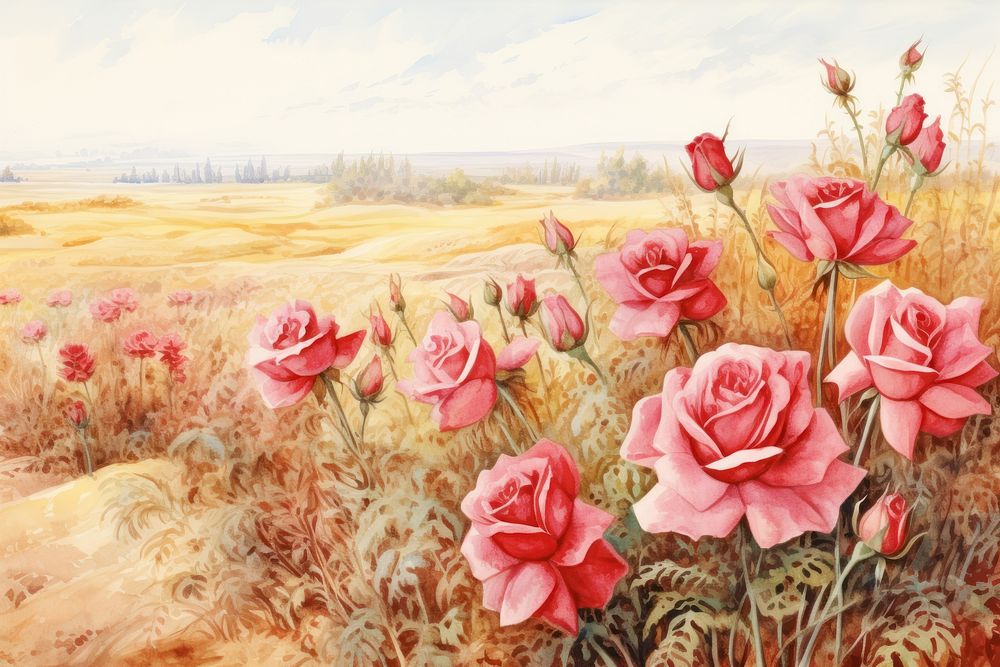 Painting of red rose field outdoors flower plant.
