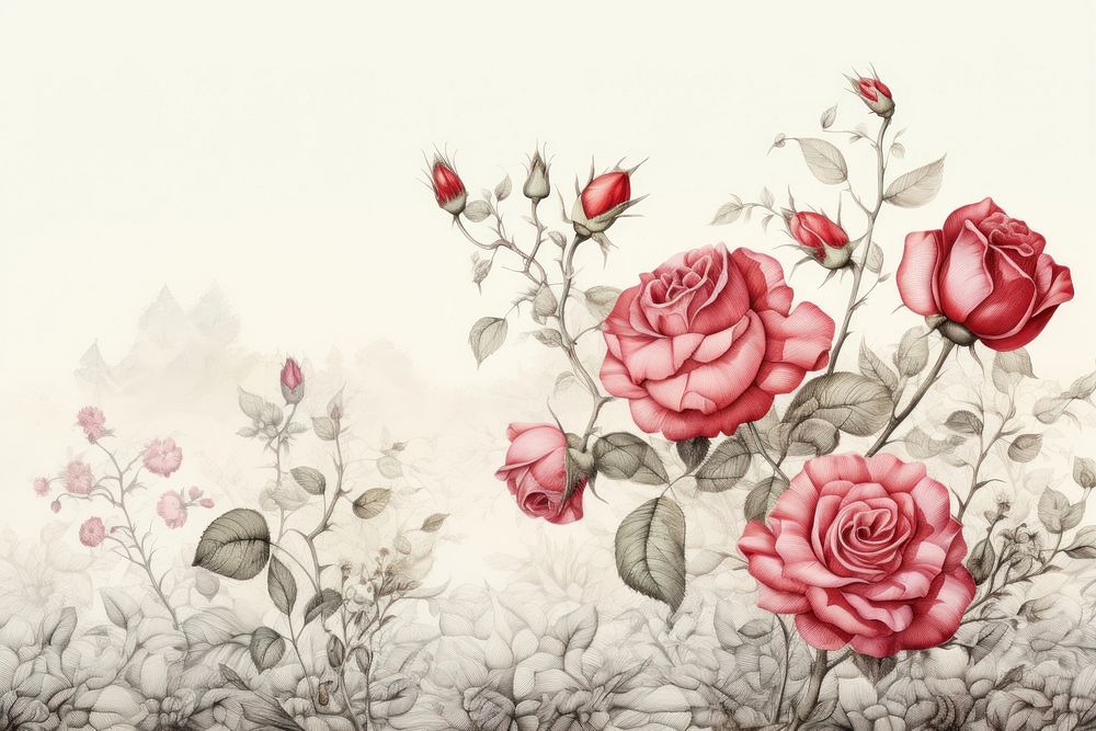 Painting of red rose field drawing pattern flower.