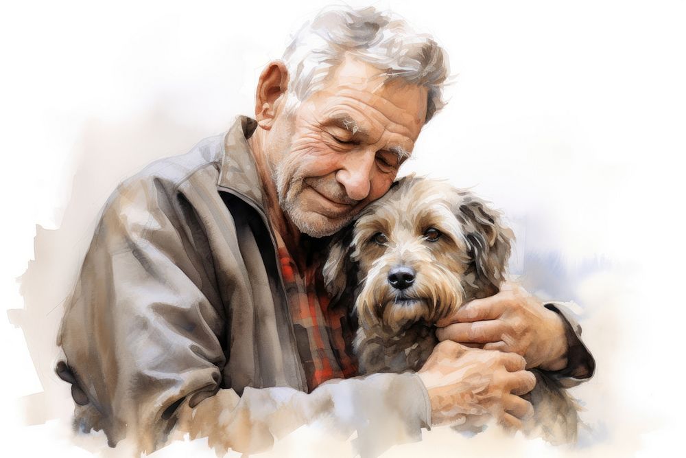 Painting of senior with dog portrait drawing animal.