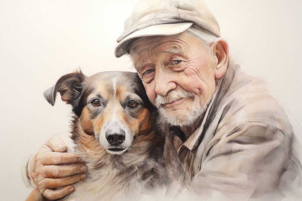 Painting of senior with dog drawing portrait mammal.