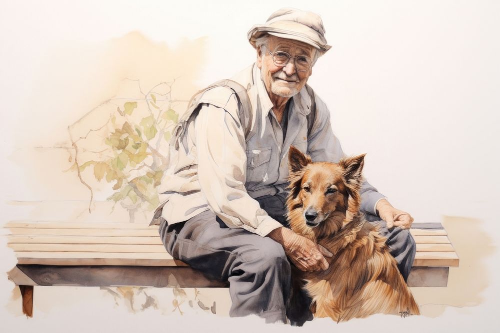 Painting of senior with dog portrait sitting drawing.
