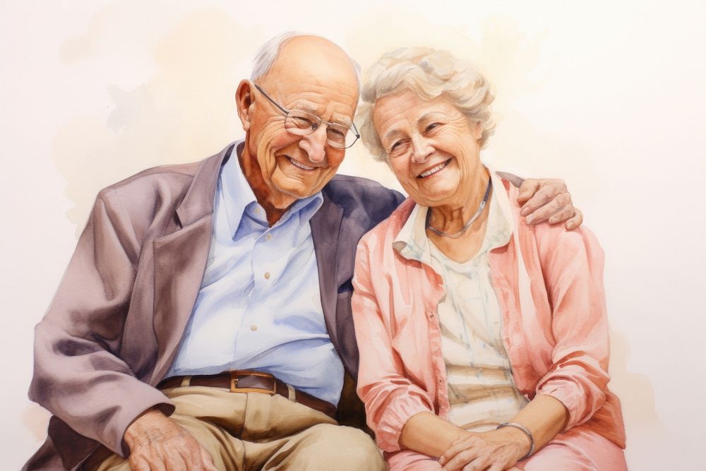 Painting of senior couple portrait glasses adult.