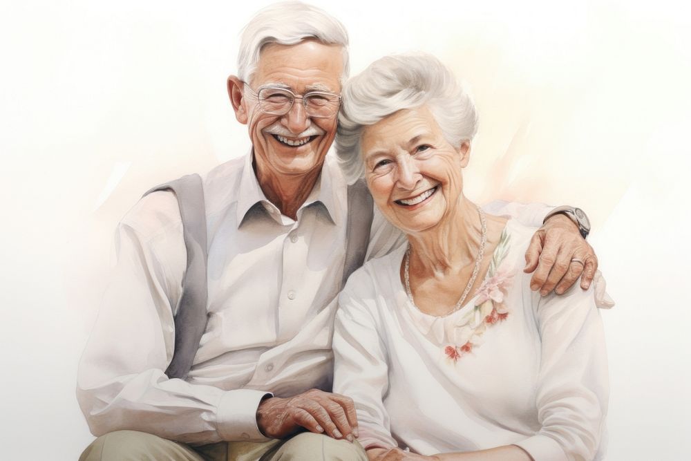 Painting of senior couple laughing portrait glasses.