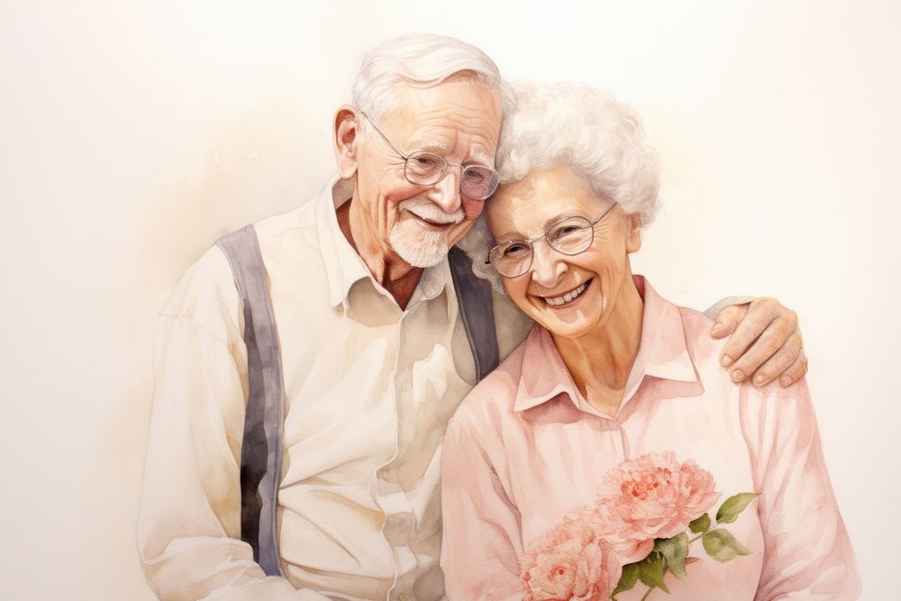 Painting of senior couple portrait glasses togetherness.