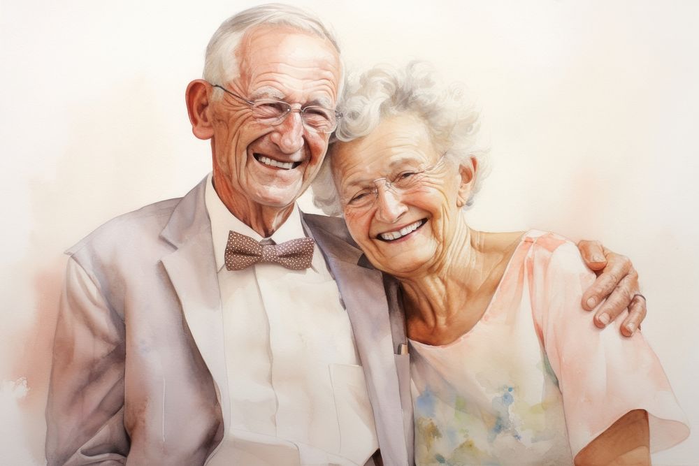 Painting of senior couple laughing portrait adult.