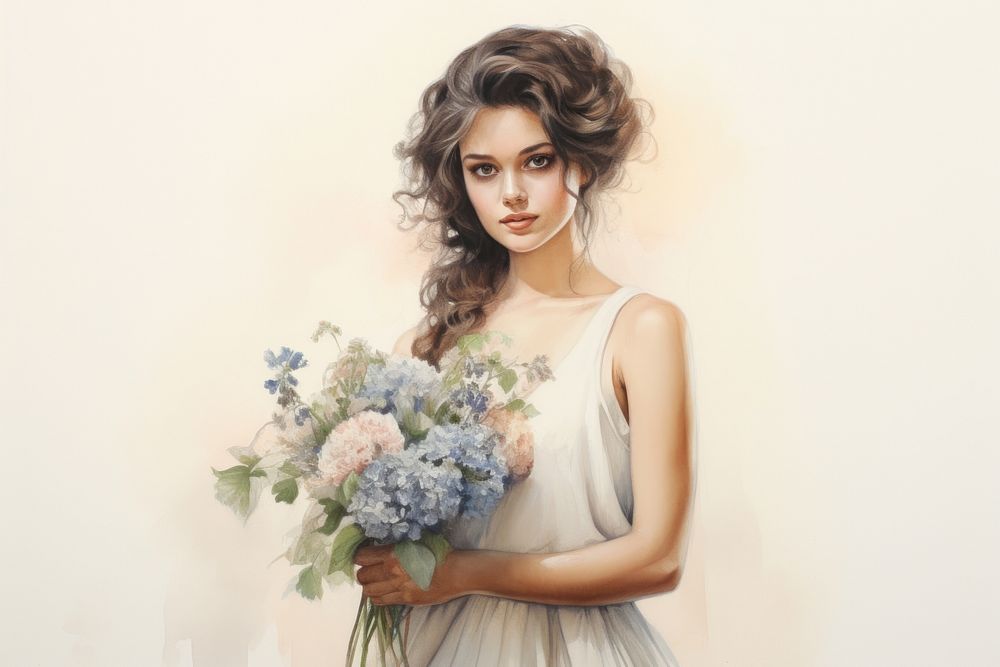 Painting of Woman holding a bouquet of flowers portrait fashion wedding.