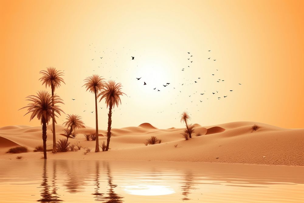 Oasis at sunset in a sandy desert landscape nature outdoors.