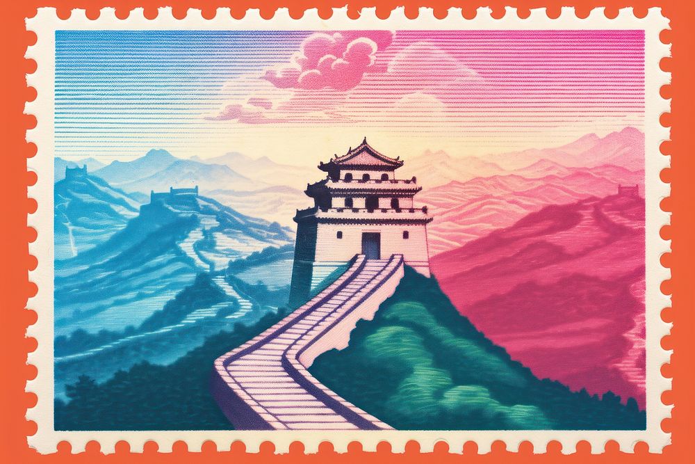 Great wall china Risograph postage stamp architecture creativity.