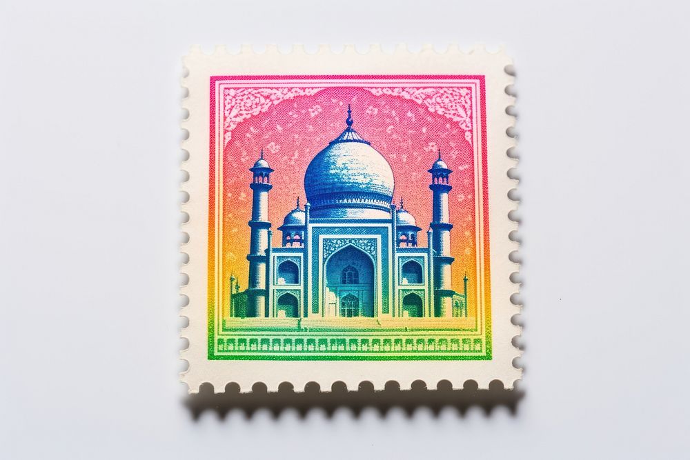 Taj Mahal Risograph text postage stamp architecture.
