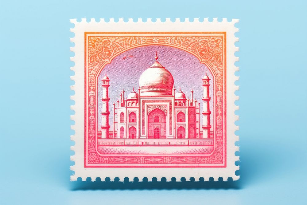 Taj Mahal Risograph postage stamp architecture calligraphy.