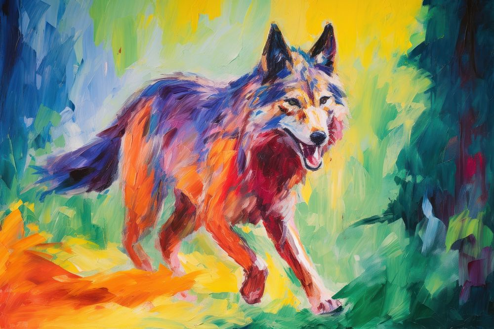 Wolf running in garden painting animal mammal.