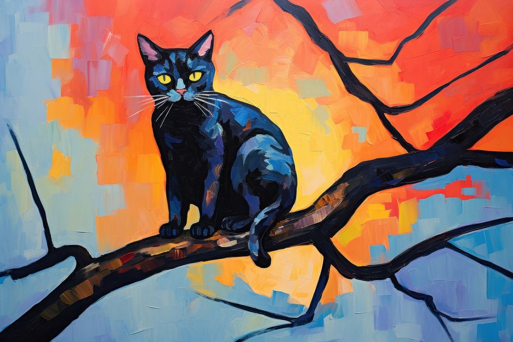 Cat on the tree painting animal mammal.