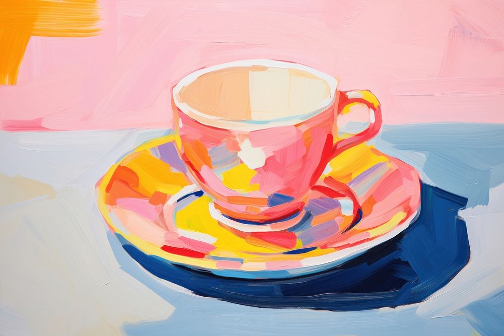 Coffee cup on table painting saucer drink.